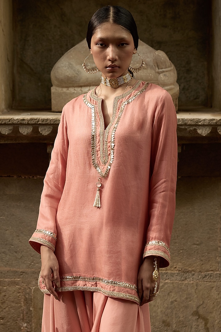 Pink Organza Dori Work Short Kurta Set by Avacara at Pernia's Pop Up Shop