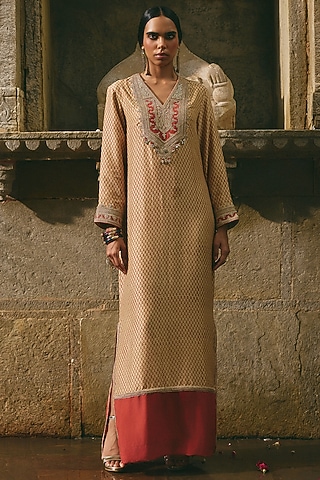 Beige Silk Printed & Embroidered Kurta Set by Avacara