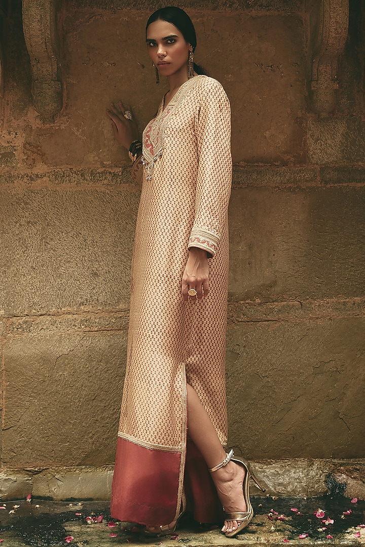 Beige Silk Printed & Embroidered Kurta Set by Avacara at Pernia's Pop Up Shop