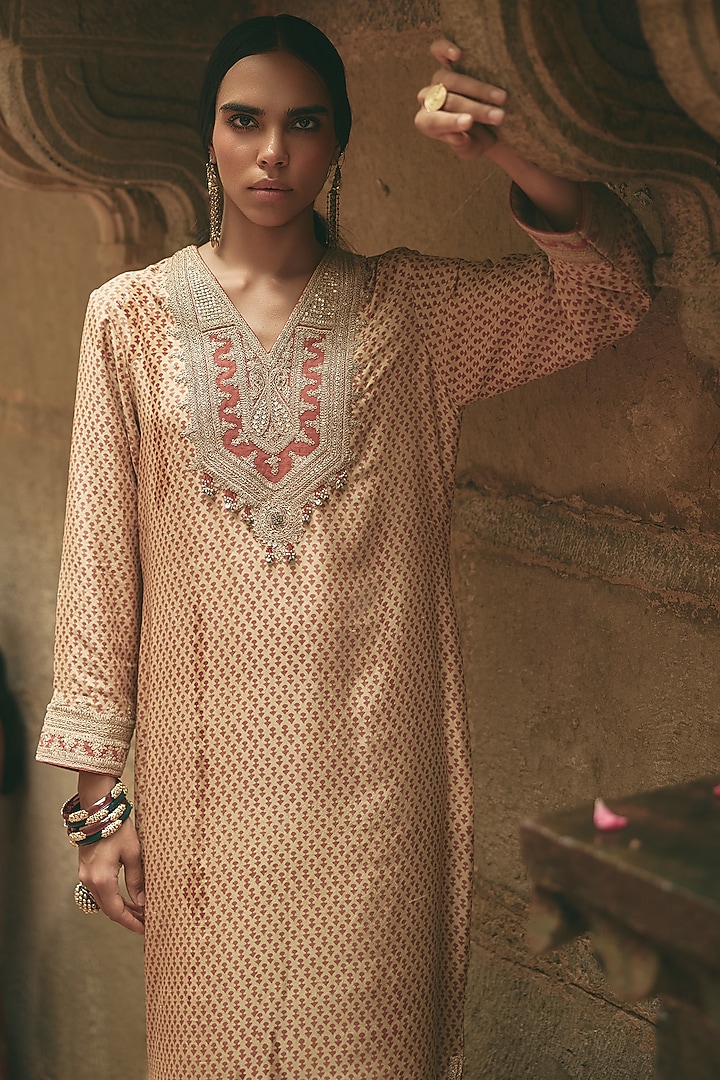 Beige Silk Printed & Embroidered Kurta Set by Avacara at Pernia's Pop Up Shop