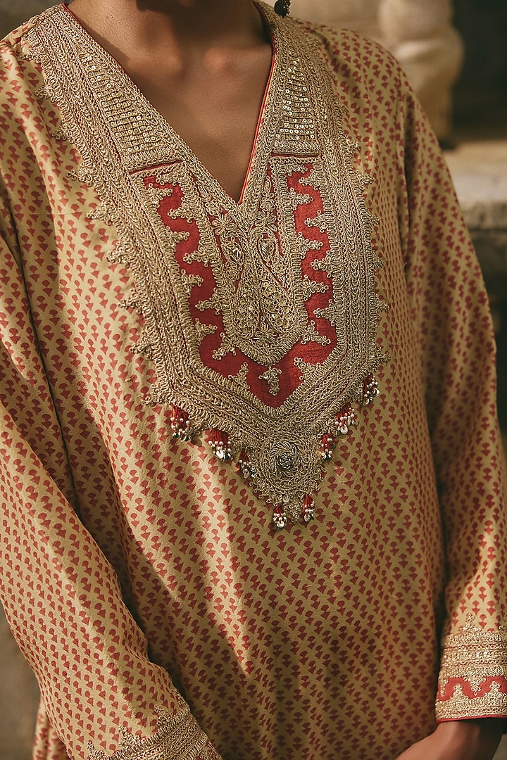 Beige Silk Printed & Embroidered Kurta Set by Avacara at Pernia's Pop Up Shop