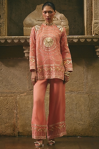 Pink Organza Gota Work Short Kurta Set by Avacara
