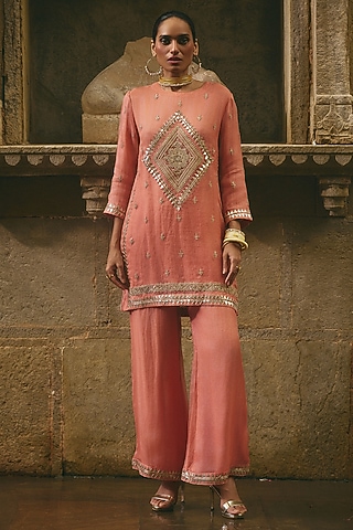 Pink Organza Gota Patti Work Short Kurta Set by Avacara