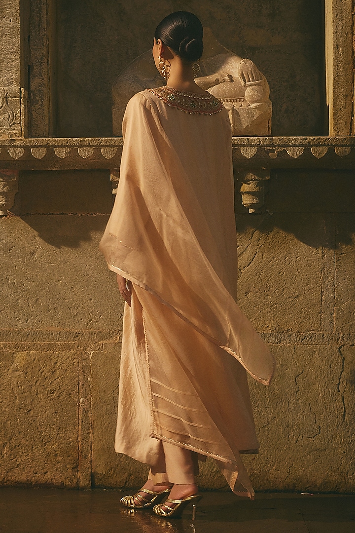 Beige Silk & Chanderi Dori Work Kurta by Avacara at Pernia's Pop Up Shop