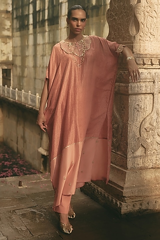 Pink Silk Dori Work Kaftan Set by Avacara