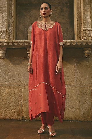 Rust Red Silk Dori Work Kaftan Set by Avacara
