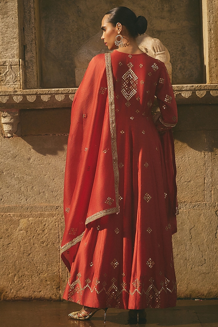 Rust Red Chanderi Gota Patti Work Bridal Anarkali Set by Avacara at Pernia's Pop Up Shop