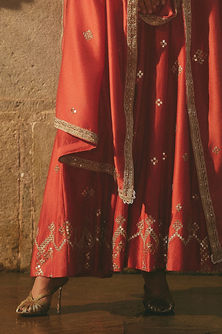 Rust Red Chanderi Gota Patti Work Bridal Anarkali Set by Avacara at Pernia's Pop Up Shop