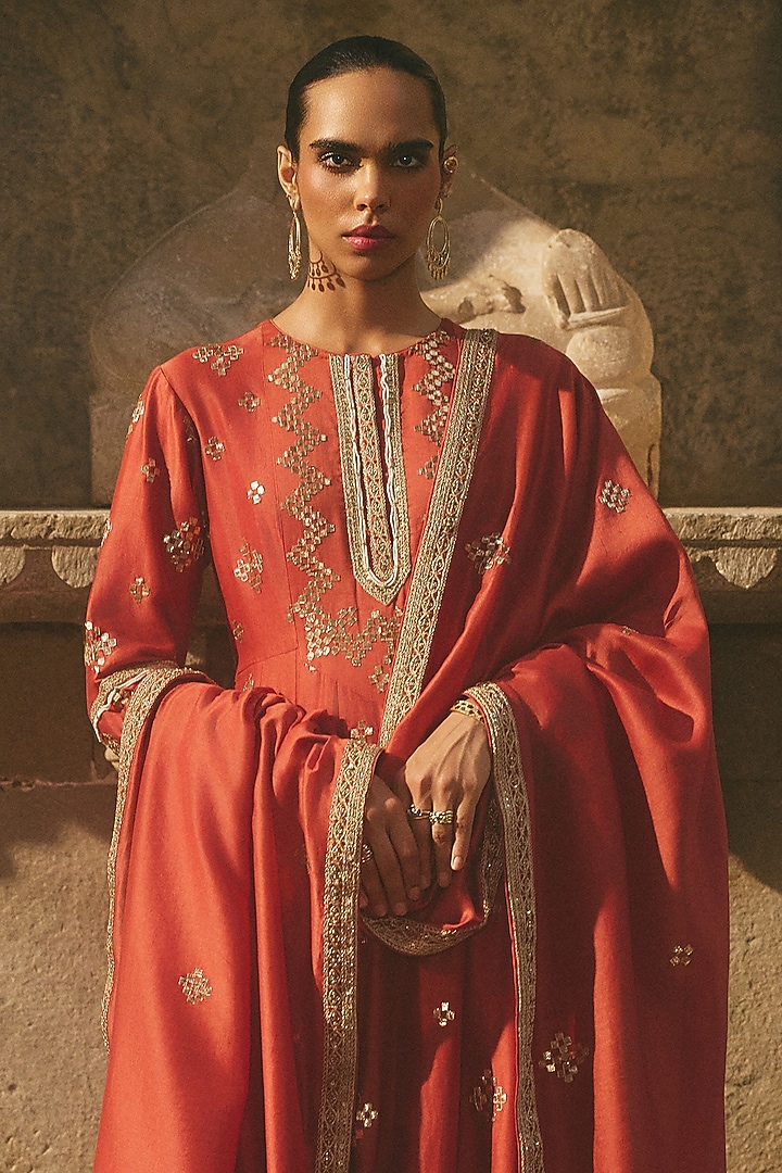 Rust Red Chanderi Gota Patti Work Bridal Anarkali Set by Avacara at Pernia's Pop Up Shop
