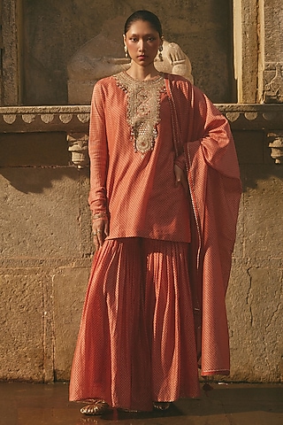 Pink Chanderi Embroidered Sharara Set by Avacara