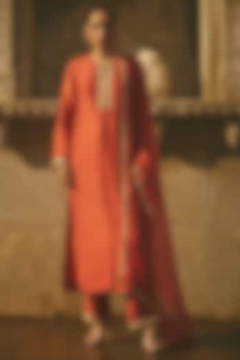 Rust Red Chanderi Dori Embroidered Kurta Set by Avacara at Pernia's Pop Up Shop