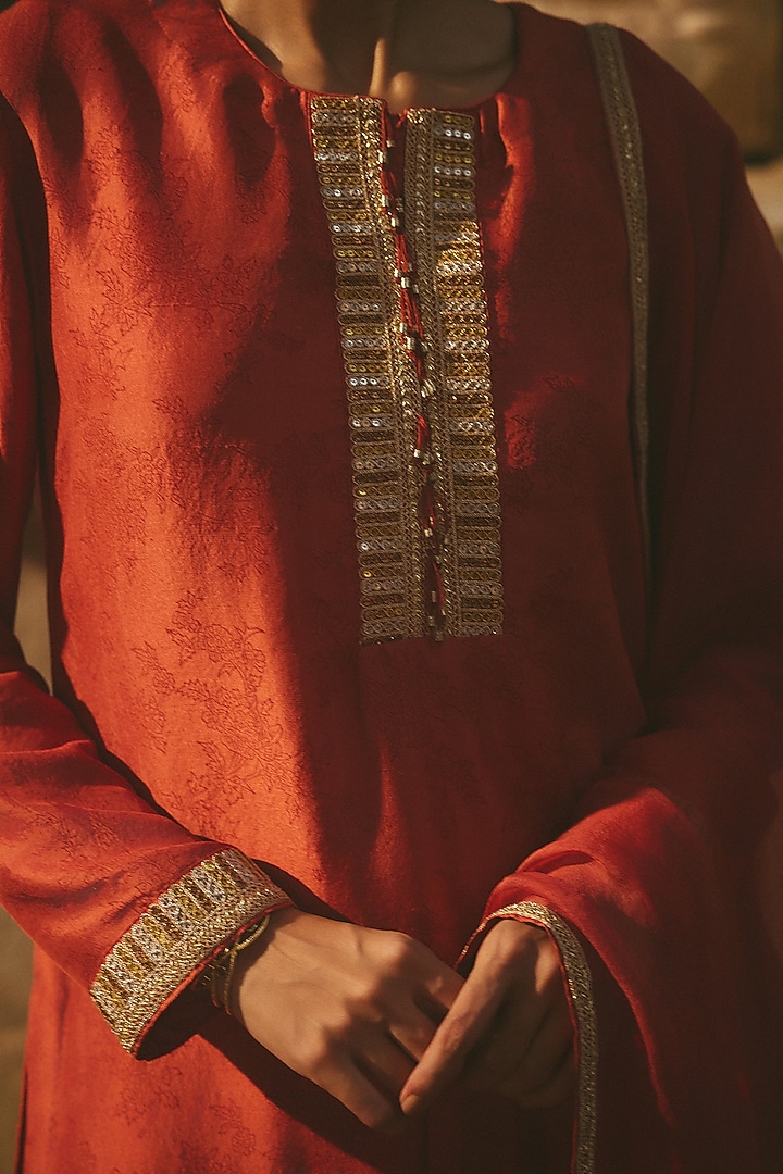 Rust Red Chanderi Dori Embroidered Kurta Set by Avacara at Pernia's Pop Up Shop