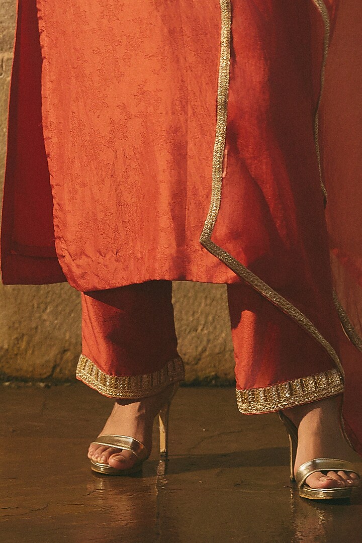 Rust Red Chanderi Dori Embroidered Kurta Set by Avacara at Pernia's Pop Up Shop