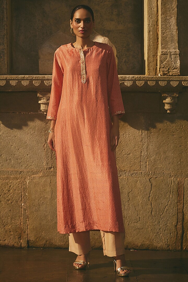 Pink Silk Dori & Gota Work Printed Kurta by Avacara at Pernia's Pop Up Shop