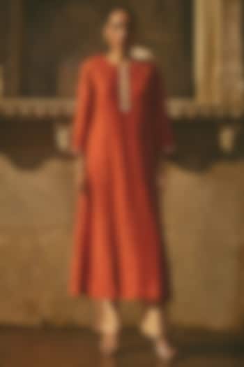 Rust Silk Dori & Gota Work Printed Kurta by Avacara at Pernia's Pop Up Shop