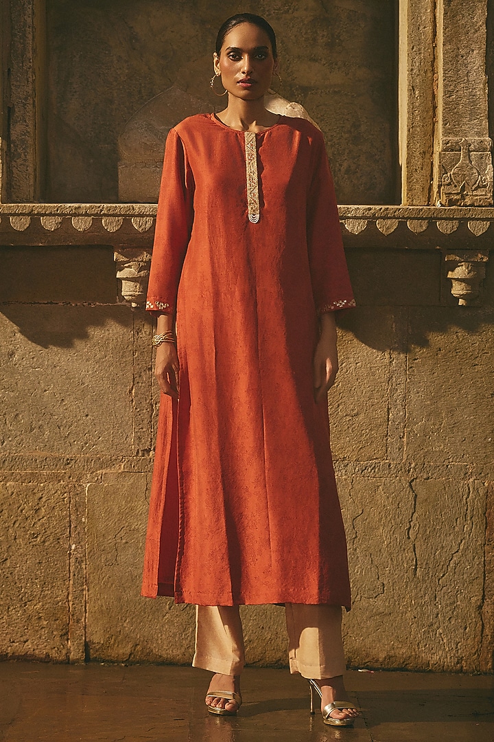 Rust Silk Dori & Gota Work Printed Kurta by Avacara at Pernia's Pop Up Shop