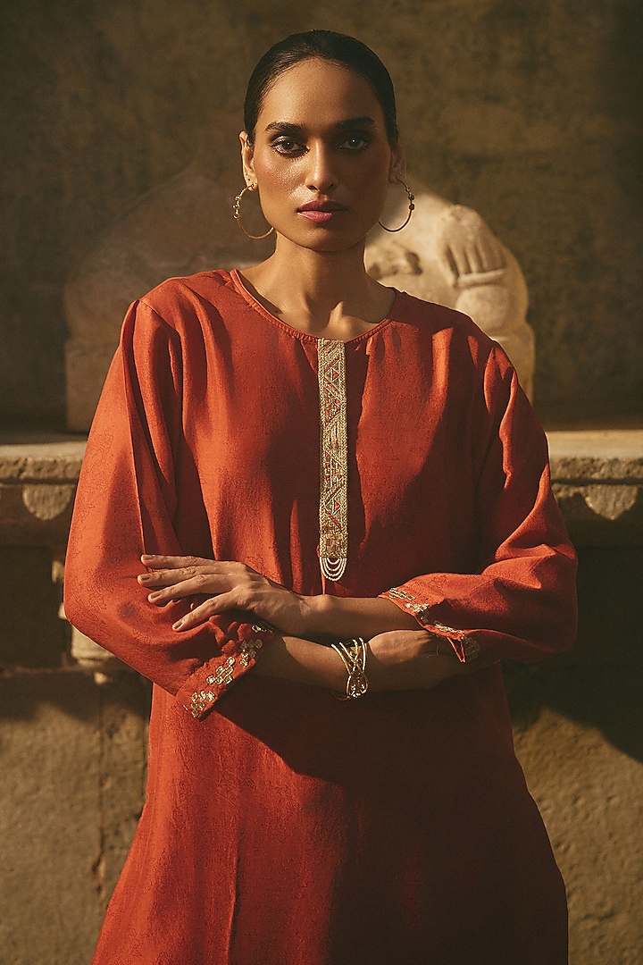 Rust Silk Dori & Gota Work Printed Kurta by Avacara at Pernia's Pop Up Shop