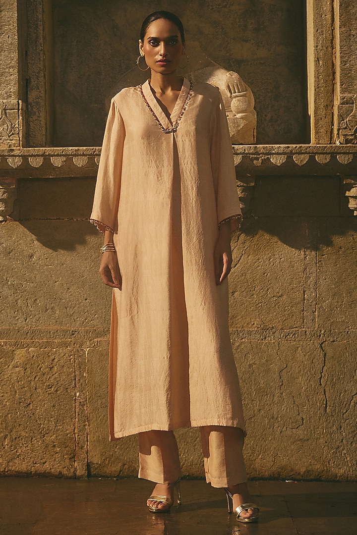 Beige Silk Resham Latkan Printed Kurta Set by Avacara at Pernia's Pop Up Shop