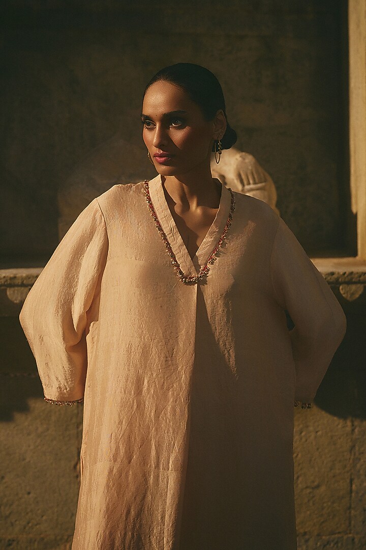 Beige Silk Resham Latkan Printed Kurta Set by Avacara at Pernia's Pop Up Shop