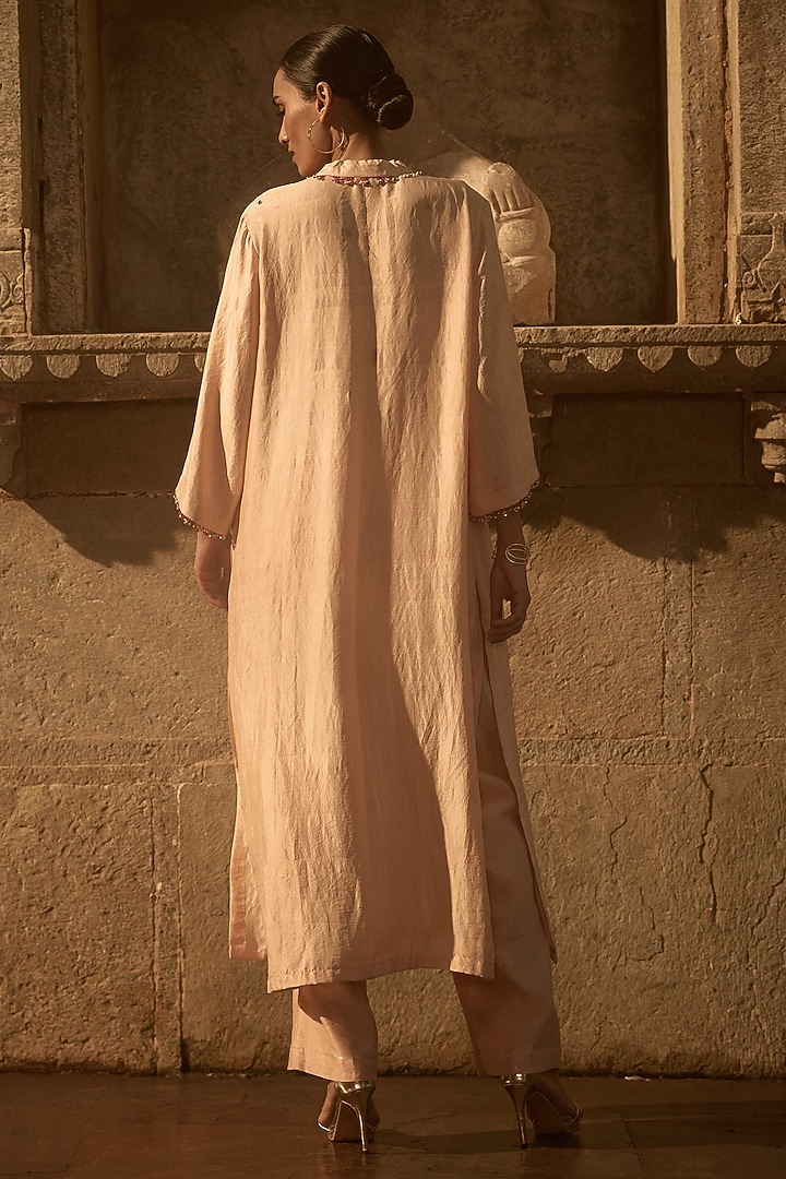 Beige Silk Resham Latkan Printed Kurta by Avacara at Pernia's Pop Up Shop