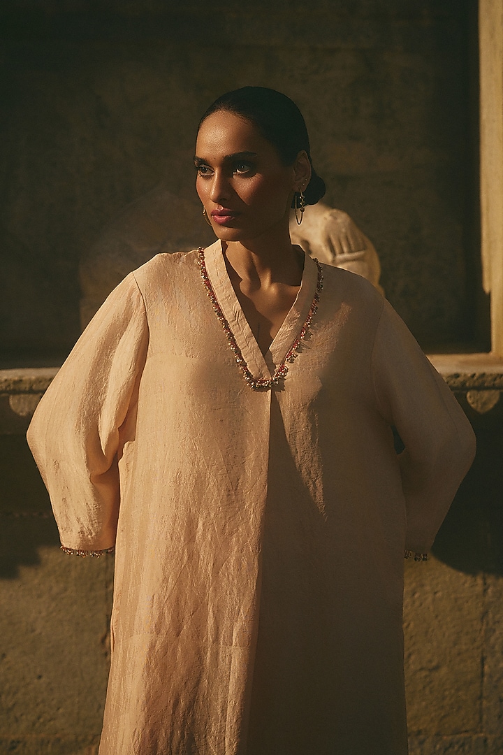 Beige Silk Resham Latkan Printed Kurta by Avacara at Pernia's Pop Up Shop