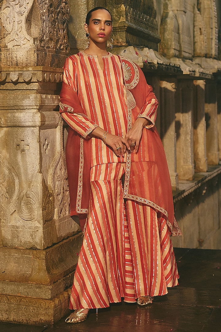 Rust Red Multi Striped Cotton Silk Satin Wedding Sharara Set by Avacara at Pernia's Pop Up Shop