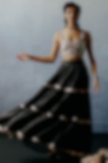 Black Kora Chanderi Gota Work & Printed Tiered Skirt Set by Avacara at Pernia's Pop Up Shop