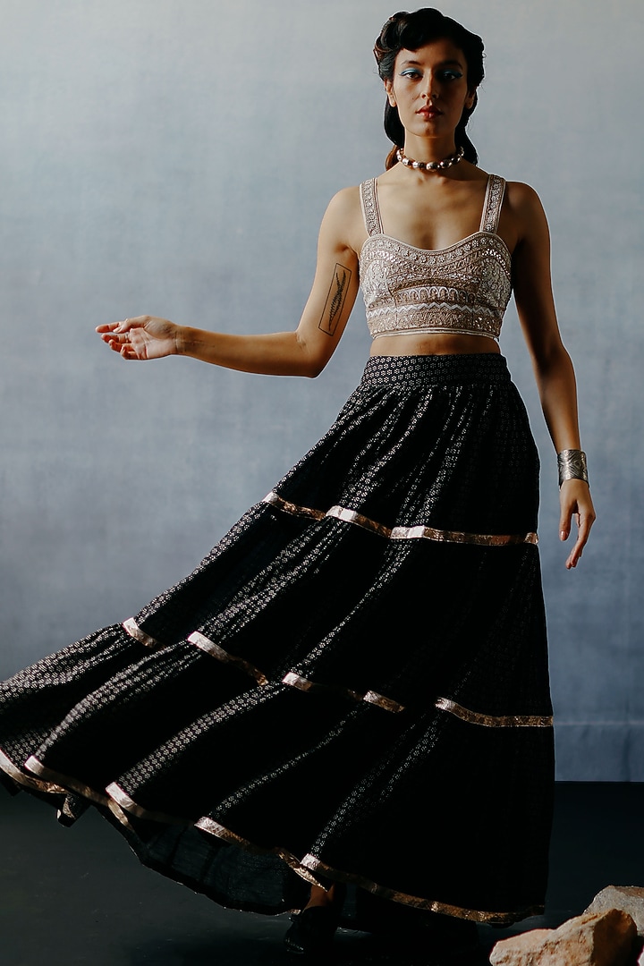 Black Kora Chanderi Gota Work & Printed Tiered Skirt Set by Avacara at Pernia's Pop Up Shop