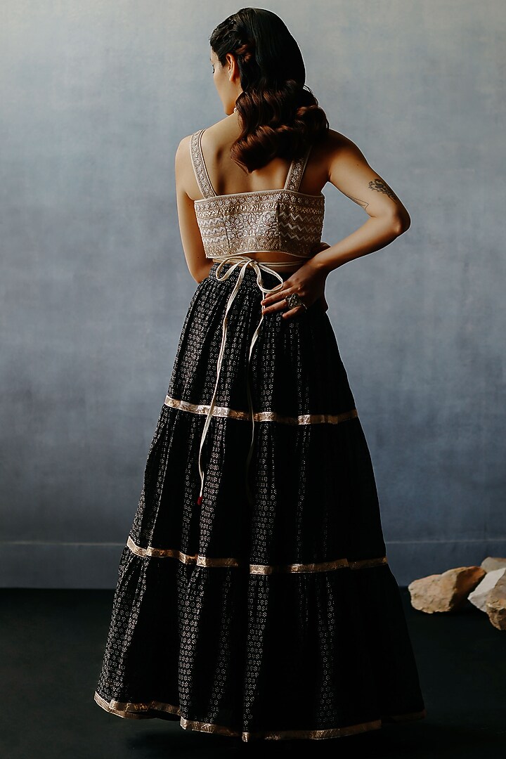 Black Kora Chanderi Gota Work & Printed Tiered Skirt Set by Avacara at Pernia's Pop Up Shop