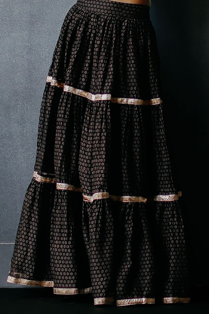 Black Kora Chanderi Gota Work & Printed Tiered Skirt Set by Avacara at Pernia's Pop Up Shop