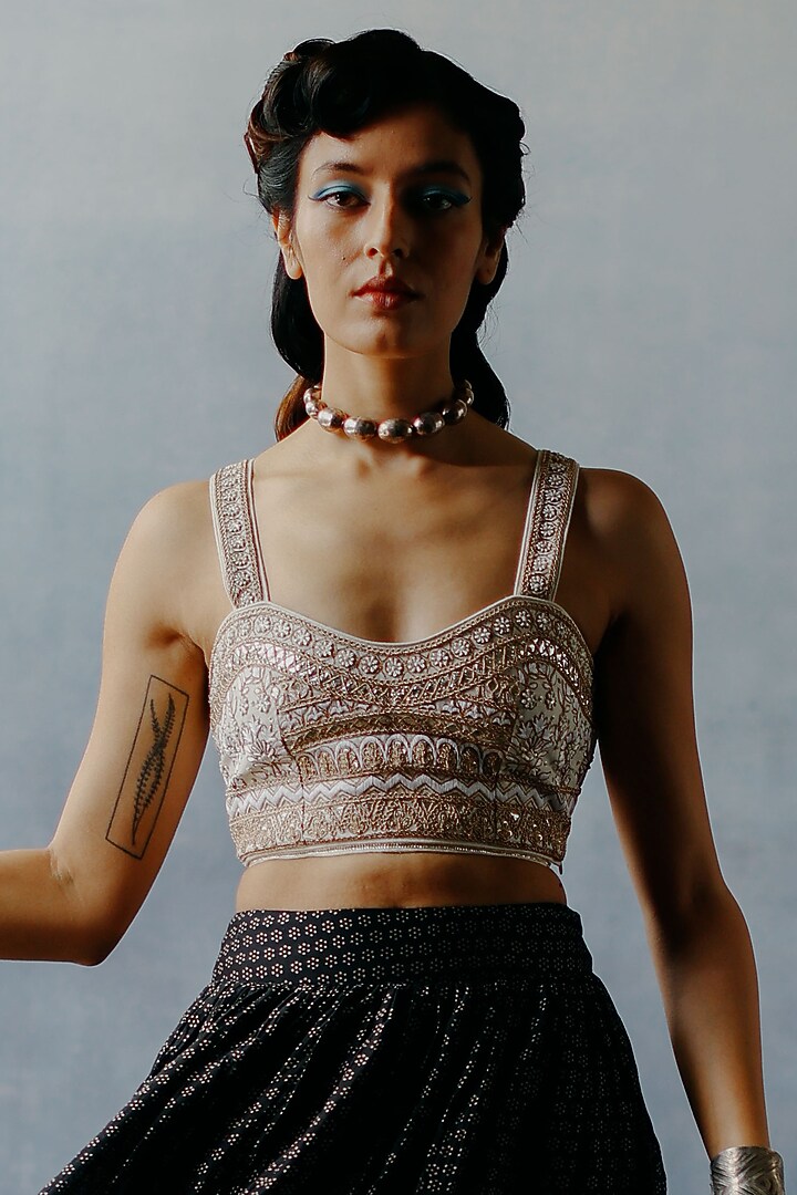 Black Kora Chanderi Gota Work & Printed Tiered Skirt Set by Avacara at Pernia's Pop Up Shop