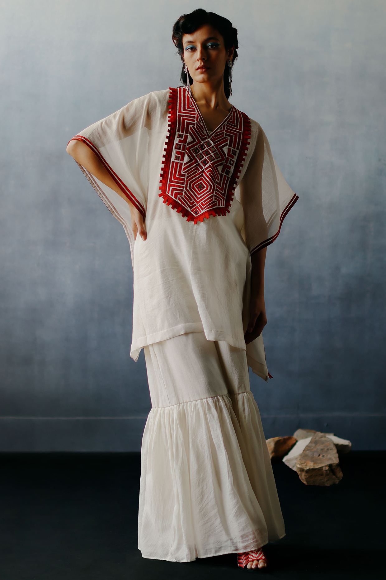 White Kora Chanderi Patchwork Kaftan Set by Avacara at Pernia's Pop Up Shop