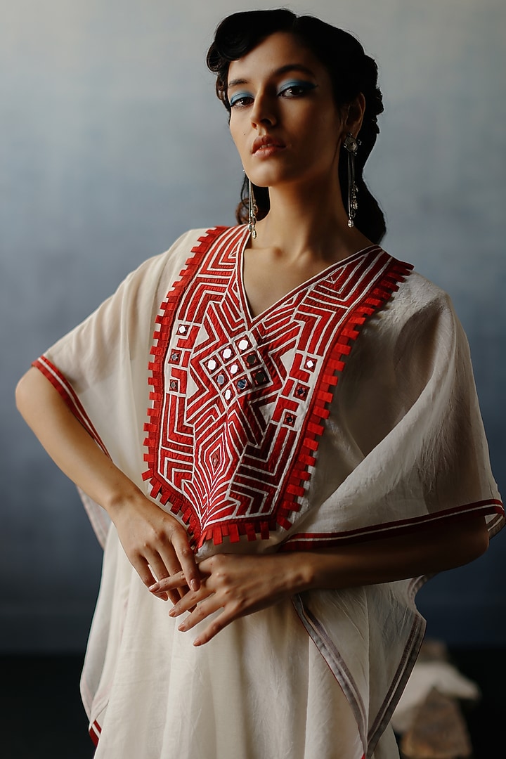 White Kora Chanderi Patchwork Kaftan Set by Avacara at Pernia's Pop Up Shop