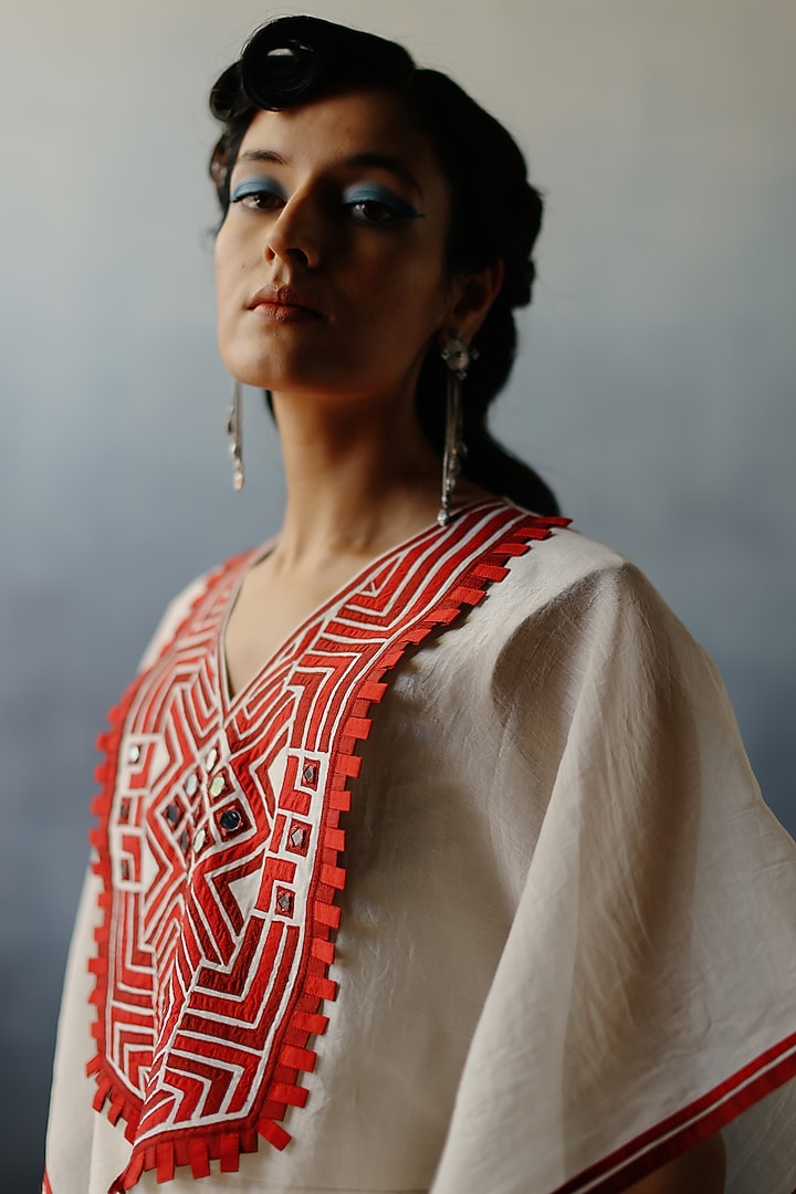 White Kora Chanderi Patchwork Kaftan Set by Avacara at Pernia's Pop Up Shop