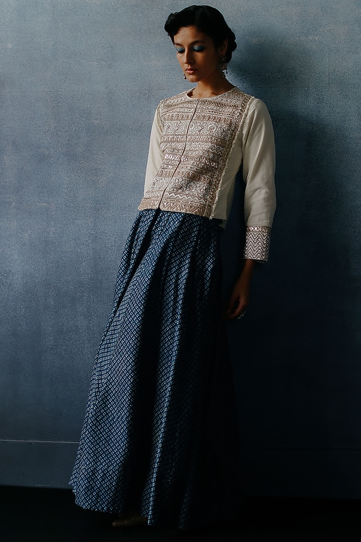 Blue Handloom Cotton Matka Silk Handblock Printed Skirt Set by Avacara at Pernia's Pop Up Shop