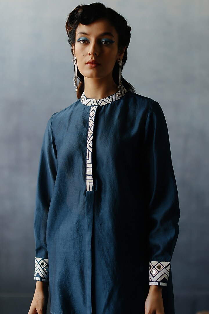 Blue Chanderi Mirror & Patchwork Co-Ord Set by Avacara at Pernia's Pop Up Shop