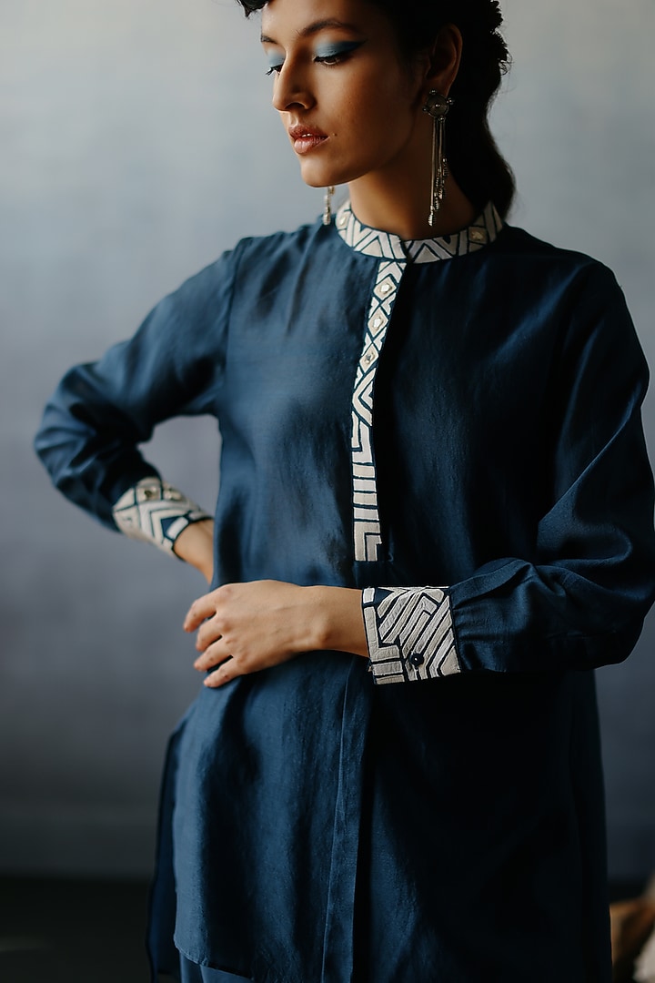 Blue Chanderi Mirror & Patchwork Co-Ord Set by Avacara at Pernia's Pop Up Shop