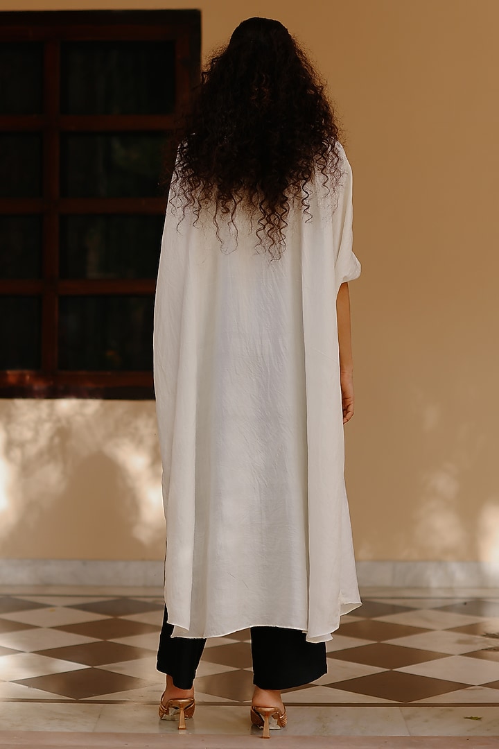 White Mulberry Silk Marodi & Resham Hand Embroidered Kaftan Set by Avacara at Pernia's Pop Up Shop