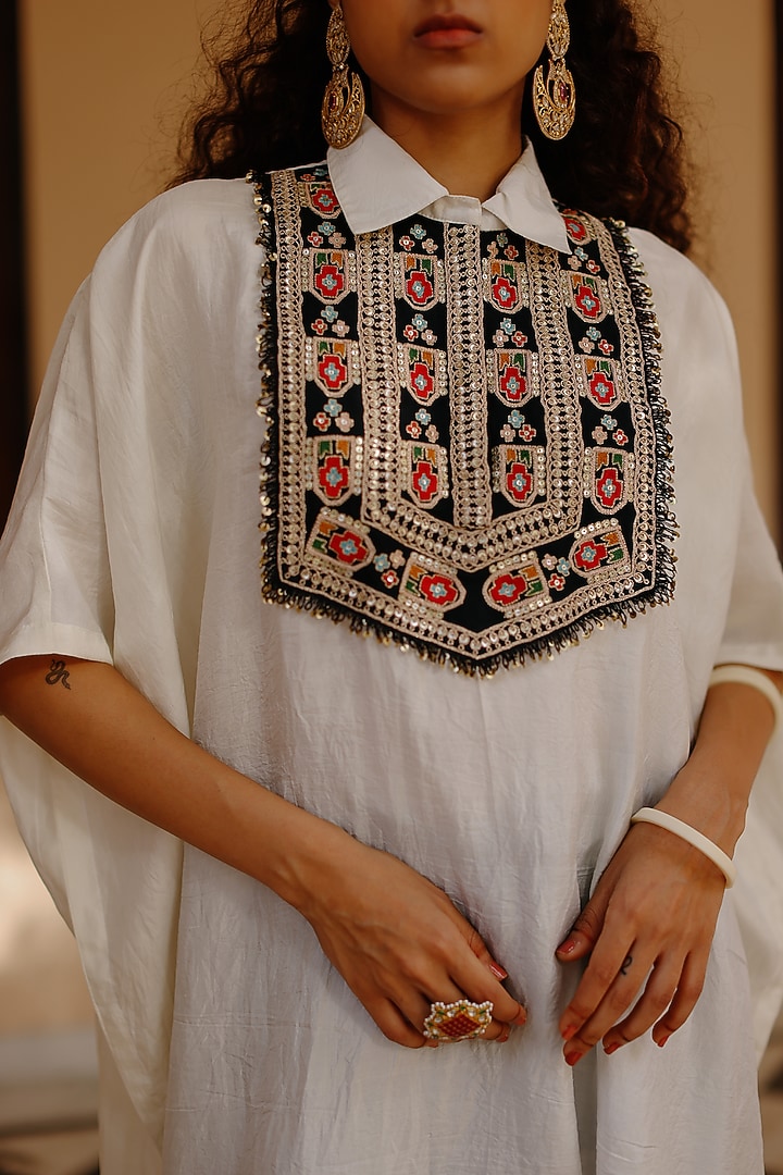 White Mulberry Silk Marodi & Resham Hand Embroidered Kaftan Set by Avacara at Pernia's Pop Up Shop