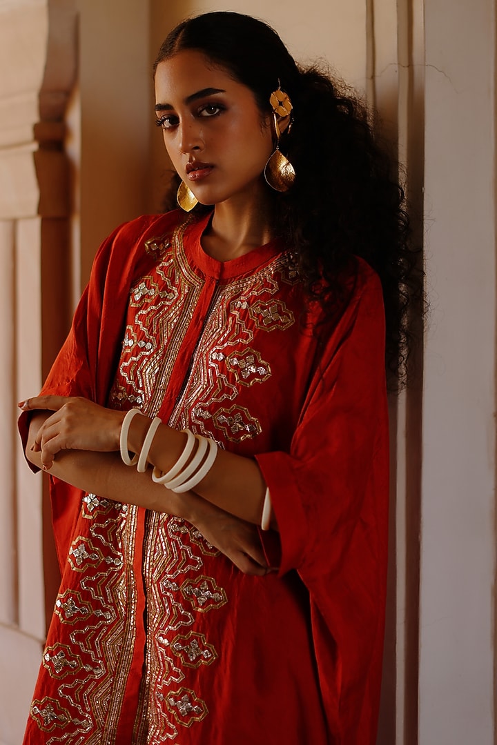 Orange Mulberry Silk Gota Work Kaftan Set by Avacara at Pernia's Pop Up Shop