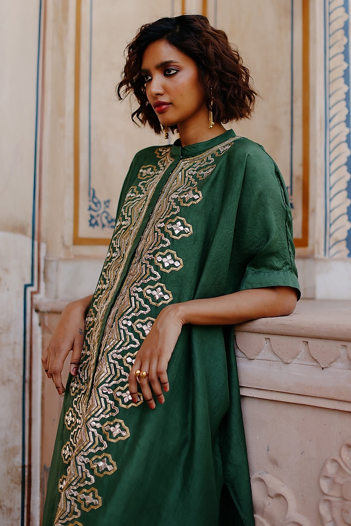 Green Pure Mulberry Silk Gota Work Kaftan Set by Avacara at Pernia's Pop Up Shop