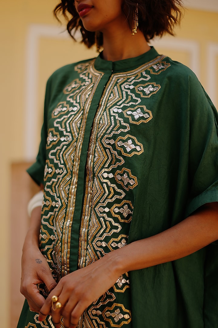 Green Pure Mulberry Silk Gota Work Kaftan Set by Avacara at Pernia's Pop Up Shop