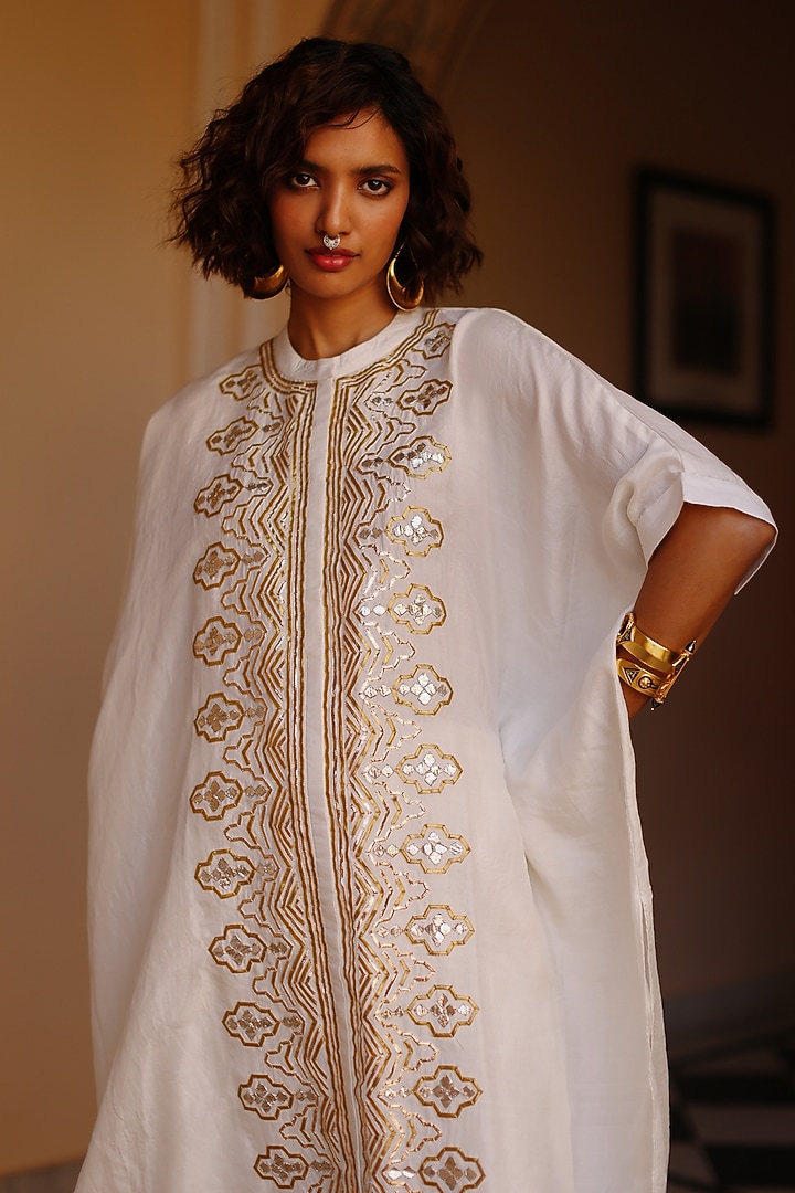 White Pure Mulberry Silk Gota Work Kaftan Set by Avacara at Pernia's Pop Up Shop