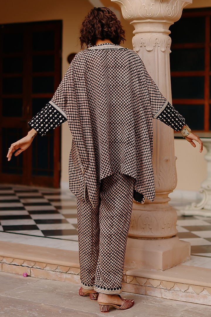Black Cotton Silk Hand Block Printed & Marodi Work Kaftan Set by Avacara at Pernia's Pop Up Shop