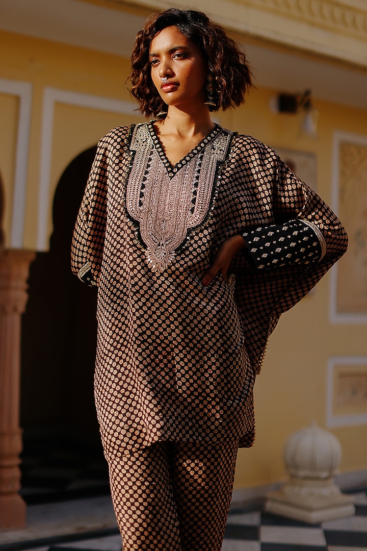 Black Cotton Silk Hand Block Printed & Marodi Work Kaftan Set by Avacara at Pernia's Pop Up Shop
