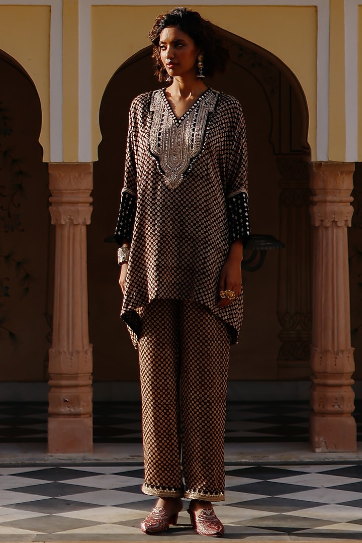 Black Cotton Silk Hand Block Printed & Marodi Work Kaftan Set by Avacara at Pernia's Pop Up Shop