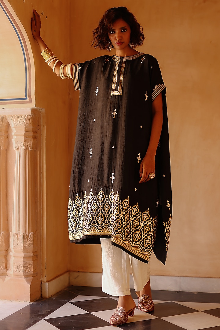 Black Pure Mulberry Silk Embroidered Kaftan Set by Avacara