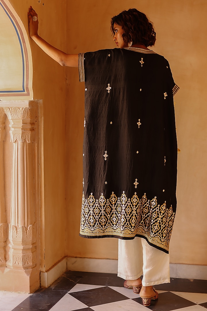 Black Pure Mulberry Silk Embroidered Kaftan Set by Avacara at Pernia's Pop Up Shop