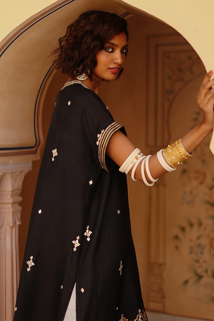 Black Pure Mulberry Silk Embroidered Kaftan Set by Avacara at Pernia's Pop Up Shop