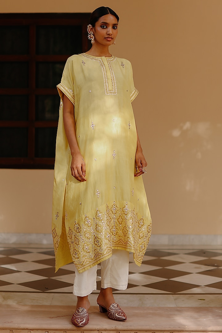 Yellow Pure Mulberry Silk Embroidered Kaftan Set by Avacara